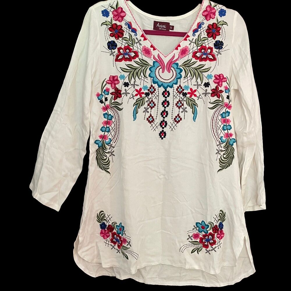 Avani del Amour Sz S Womens Floral Embroidery Ivory Tunic Top V Neck 3/4 Sleeve